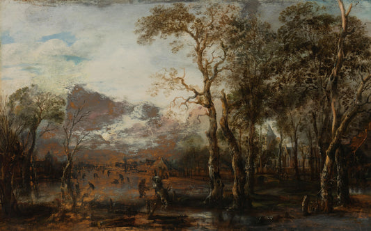Wooded Landscape with Hunter/Winter Landscape – Aert van der Neer (mentioned on object) Vintage Landscape Art Print | Wall Art Poster