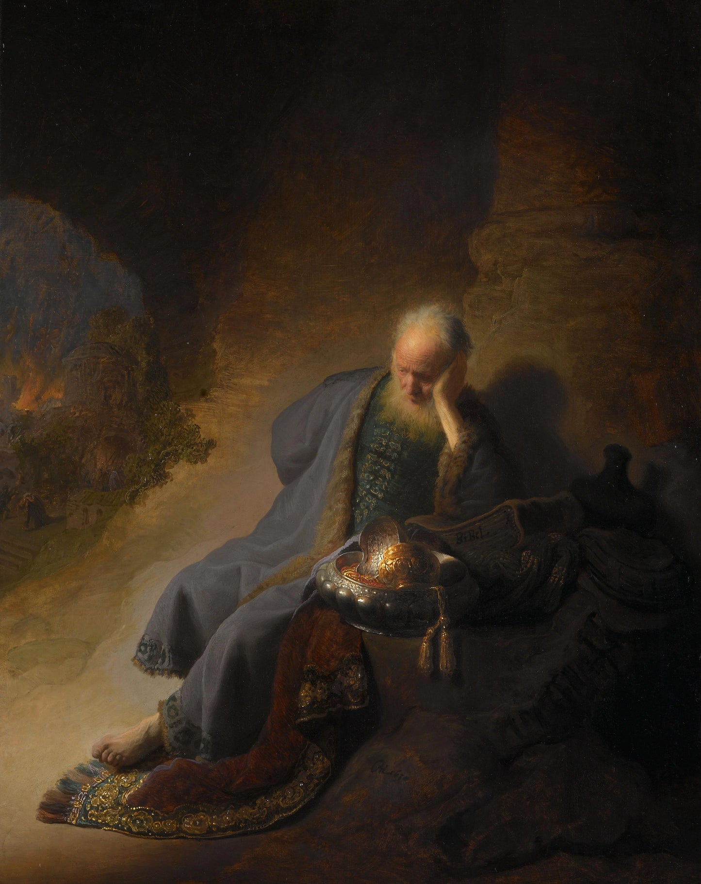 Jeremiah Lamenting the Destruction of Jerusalem – Rembrandt van Rijn (vermeld op object) Vintage Art Print | Wall Art Poster