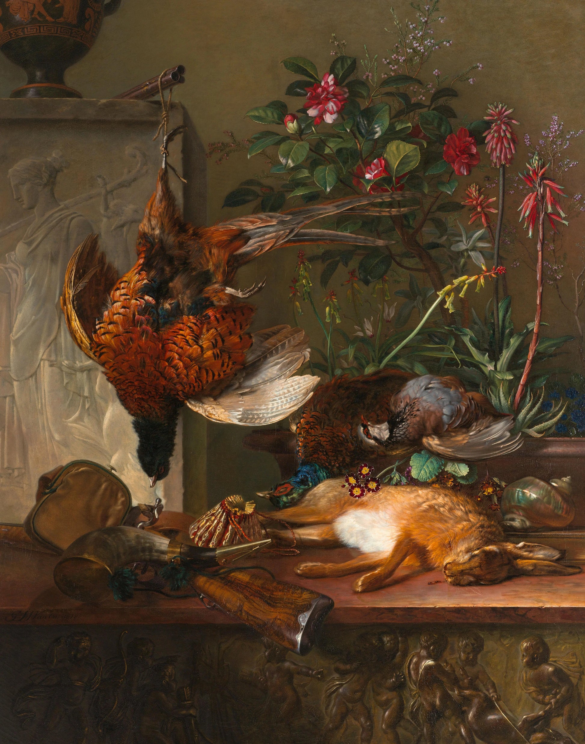 Still Life with Game and a Greek Stele: Allegory of Autumn – Georgius Jacobus Johannes van Os Vintage Still Life Art Print | Wall Art Poster