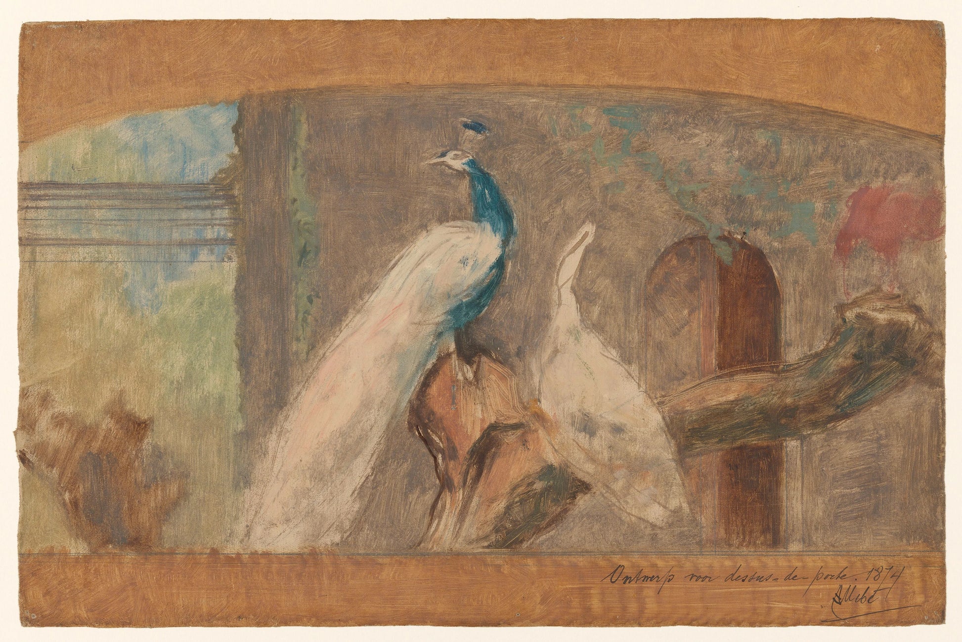 Ontwerp voor een dessus-de-porte: tak met pauw en andere vogels – August Allebé Vintage Bird Study Art Print | Wall Art Poster