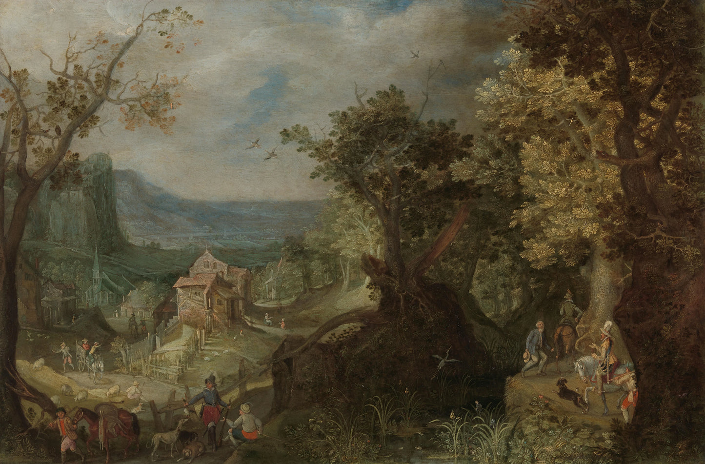 Hunter and Horsemen on a Wooded Road, with a Village in a Valley beyond – Anton Mirou Vintage Landscape Art Print | Wall Art Poster