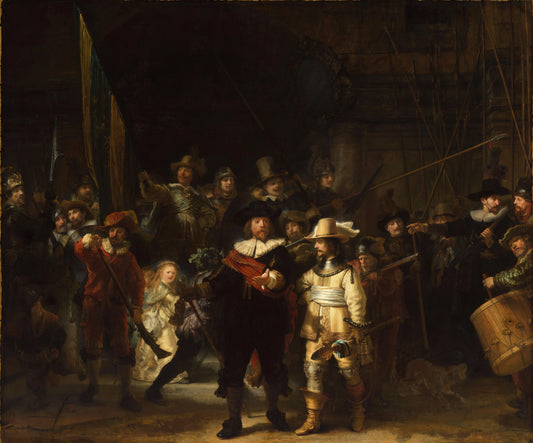 Officers and other civic guardsmen of District II in Amsterdam, under the command of Captain Frans Banninck Cocq and Lieutenant Willem van Ruytenburch, known as ‘The Night Watch’ – Rembrandt van Rijn Vintage Portrait Art Print | Wall Art Poster