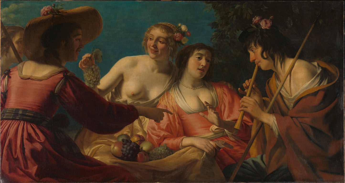 Shepherd Playing the Flute, and Four Shepherdesses – Gerard van Honthorst (signed by artist) Vintage Art Print | Wall Art Poster