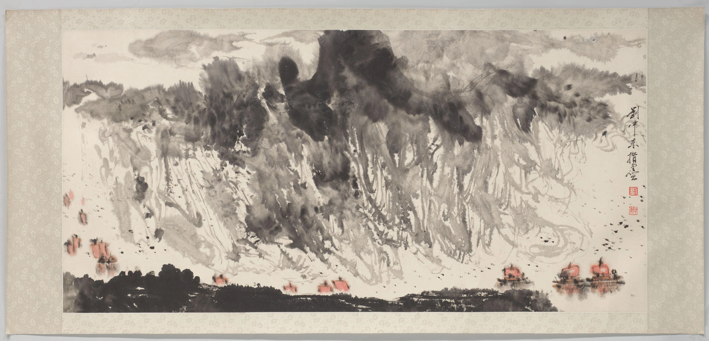 Vingerschildering van landschap met schepen – Liu Zhongdong Vintage Art Print | Wall Art Poster