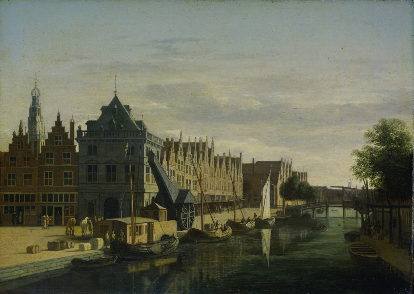 De Waag (Weighing House) and Crane on the Spaarne, Haarlem – Gerrit Berckheyde Vintage Cityscape Art Print | Wall Art Poster