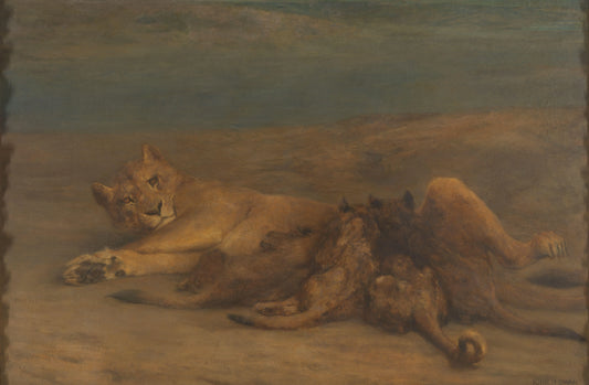 Een leeuwin met vier zogende welpen, genaamd 'Moederliefde' – John Macallan Swan Vintage Animal Study Art Print | Wall Art Poster