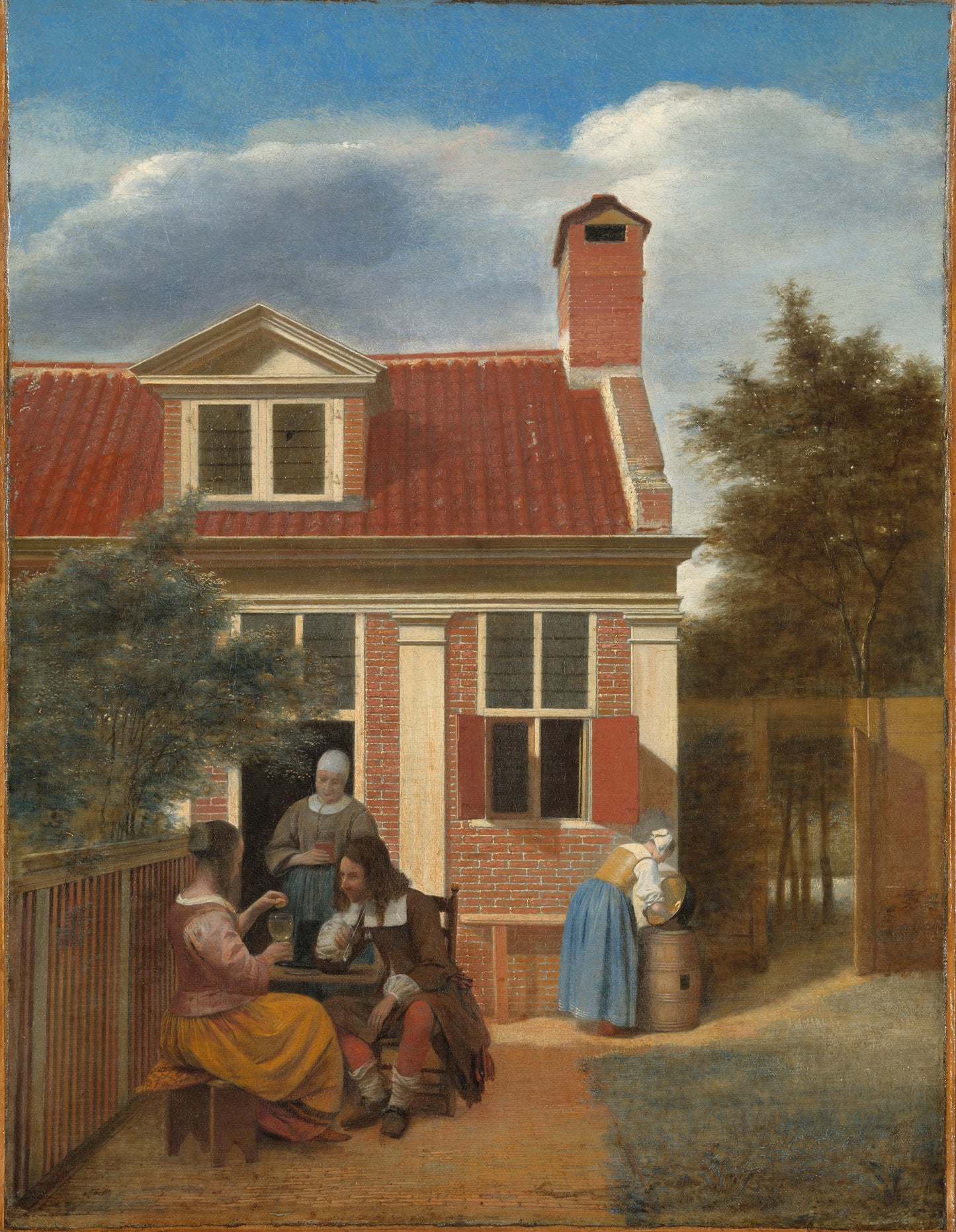 Three Women and a Man in the Courtyard behind a House – Pieter de Hooch Vintage Art Print | Wall Art Poster