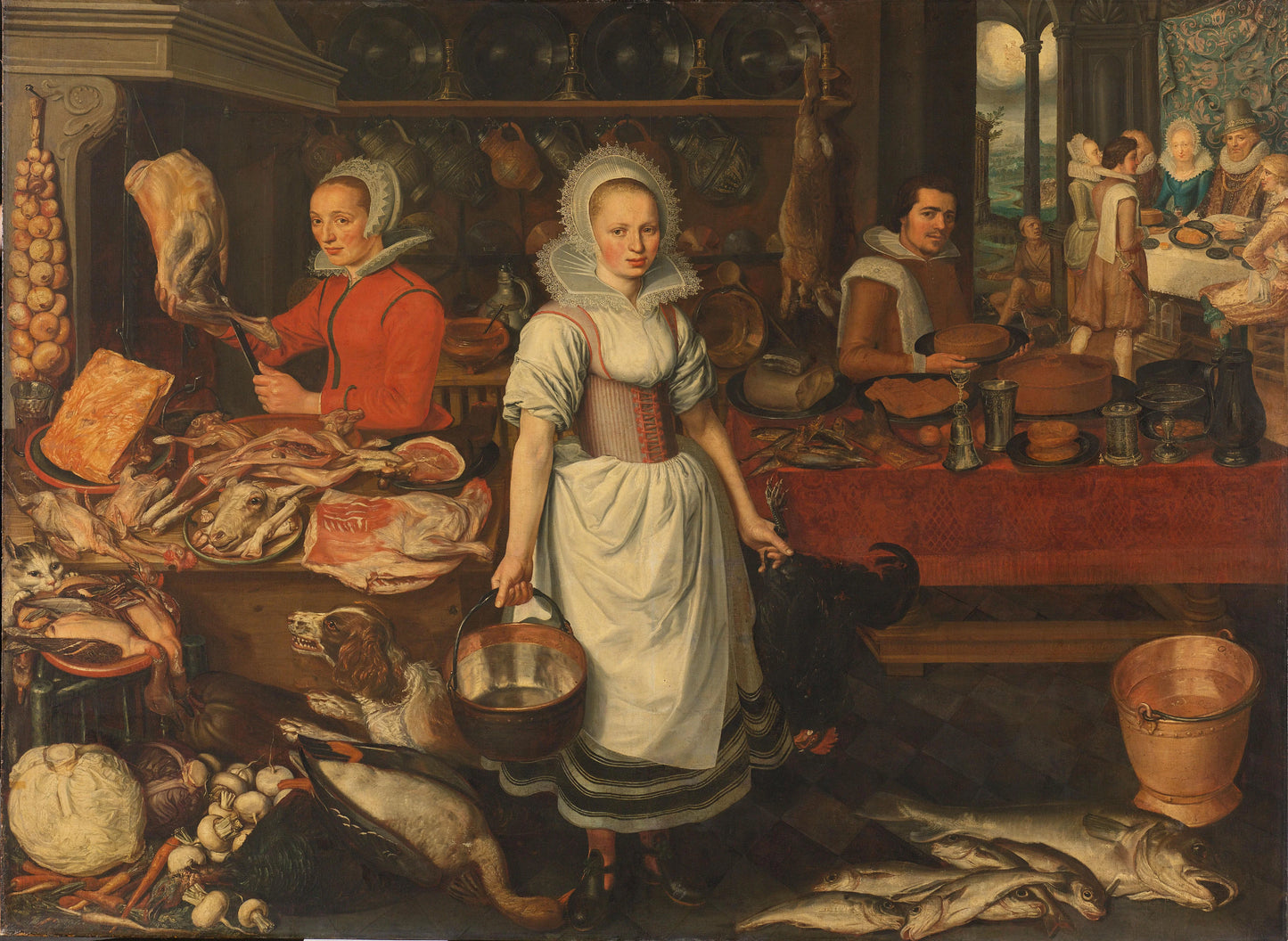 Kitchen Scene with the Parable of the Rich Man and Poor Lazarus – toegeschreven aan Pieter Cornelisz. van Rijck Vintage Still Life Art Print | Wall Art Poster