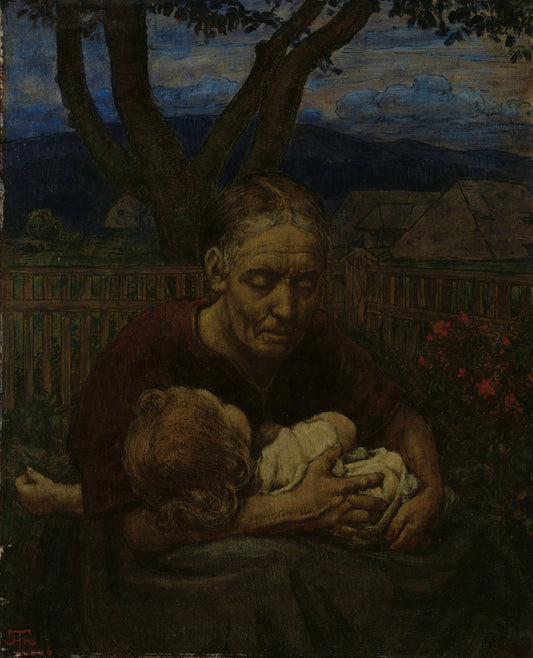 Mother and Child in a garden – Hans Thoma (mentioned on object) Vintage Garden Scene Art Print | Wall Art Poster