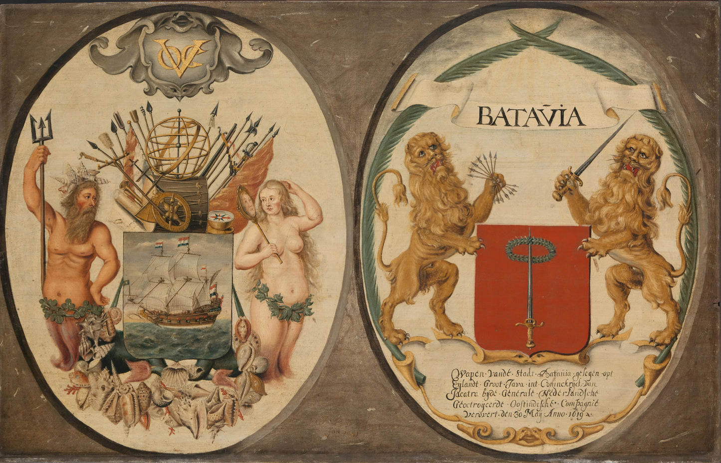 The Arms of the Dutch East India Company and of the Town of Batavia – Jeronimus Becx (II) Vintage Cityscape Art Print | Wall Art Poster