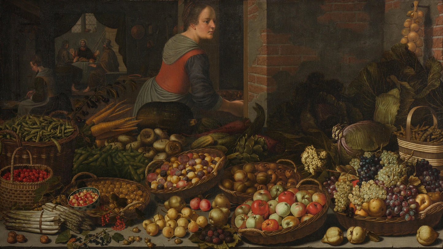 Still Life with Fruit and Vegetables, with Christ at Emmaus in the background – Floris Gerritsz van Schooten Vintage Still Life Art Print | Wall Art Poster