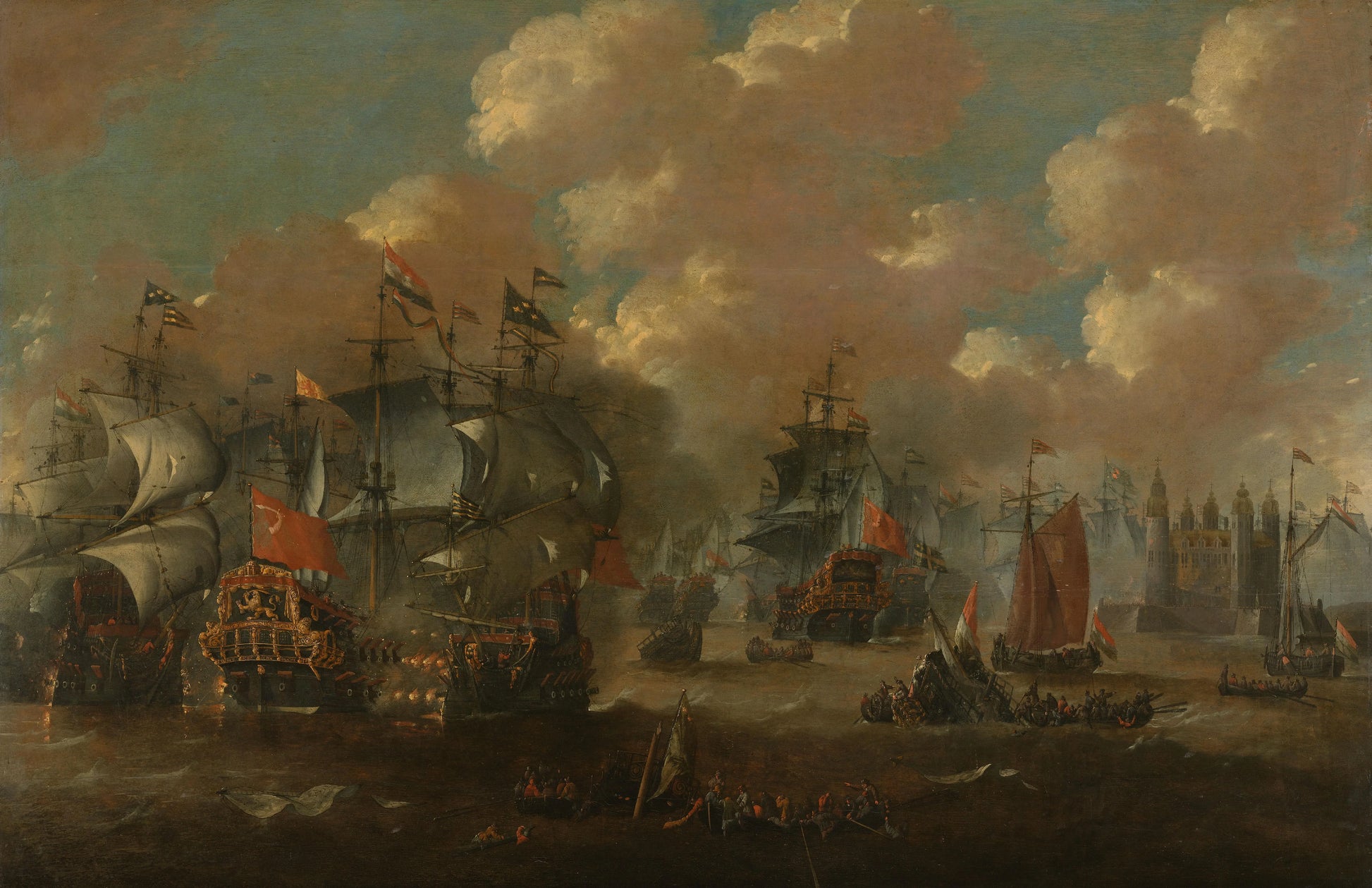 The Battle of the Sound with the Eendracht Engaging Two Swedish Warships, 1658 – anoniem Vintage Art Print | Wall Art Poster
