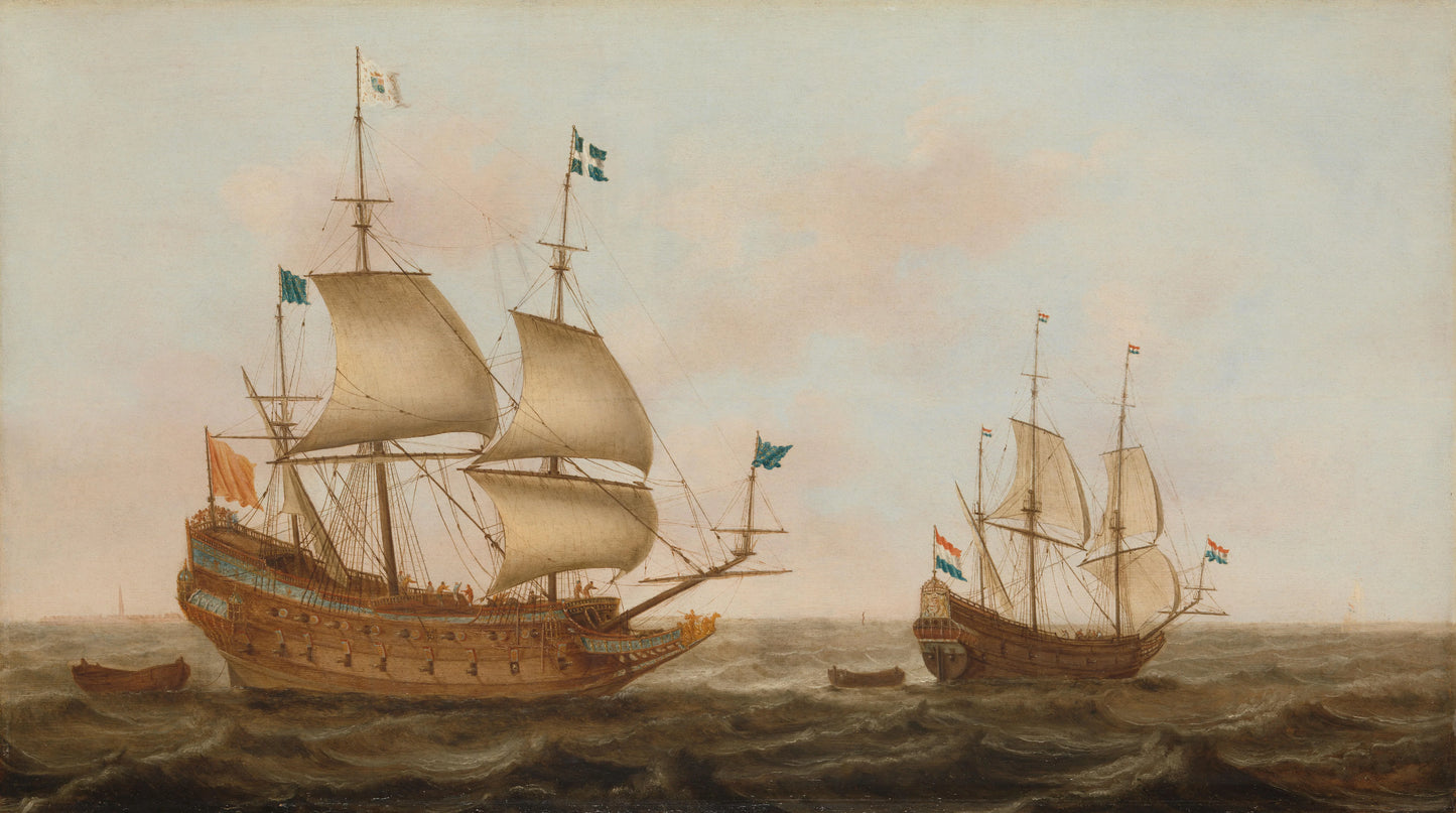 A Warship Built for France and a Dutch Yacht under Sail – Jacob Gerritz Loef Vintage Portrait Art Print | Wall Art Poster