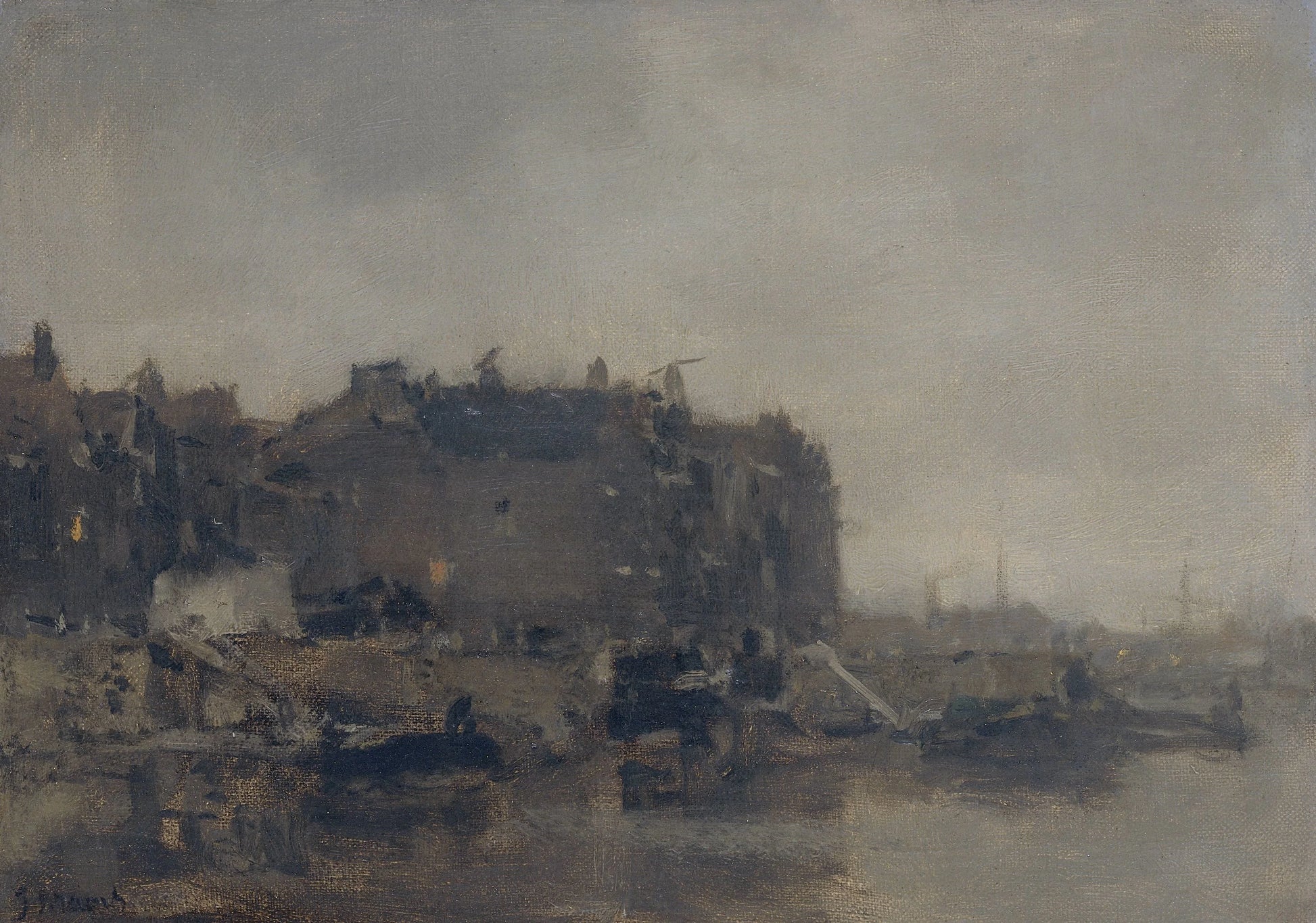 Houses on the Prins Hendrikkade, Amsterdam, on a Misty Day – Jacob Maris Vintage Cityscape Art Print | Wall Art Poster