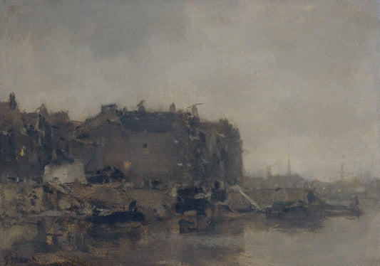 Houses on the Prins Hendrikkade, Amsterdam, on a Misty Day – Jacob Maris Vintage Cityscape Art Print | Wall Art Poster