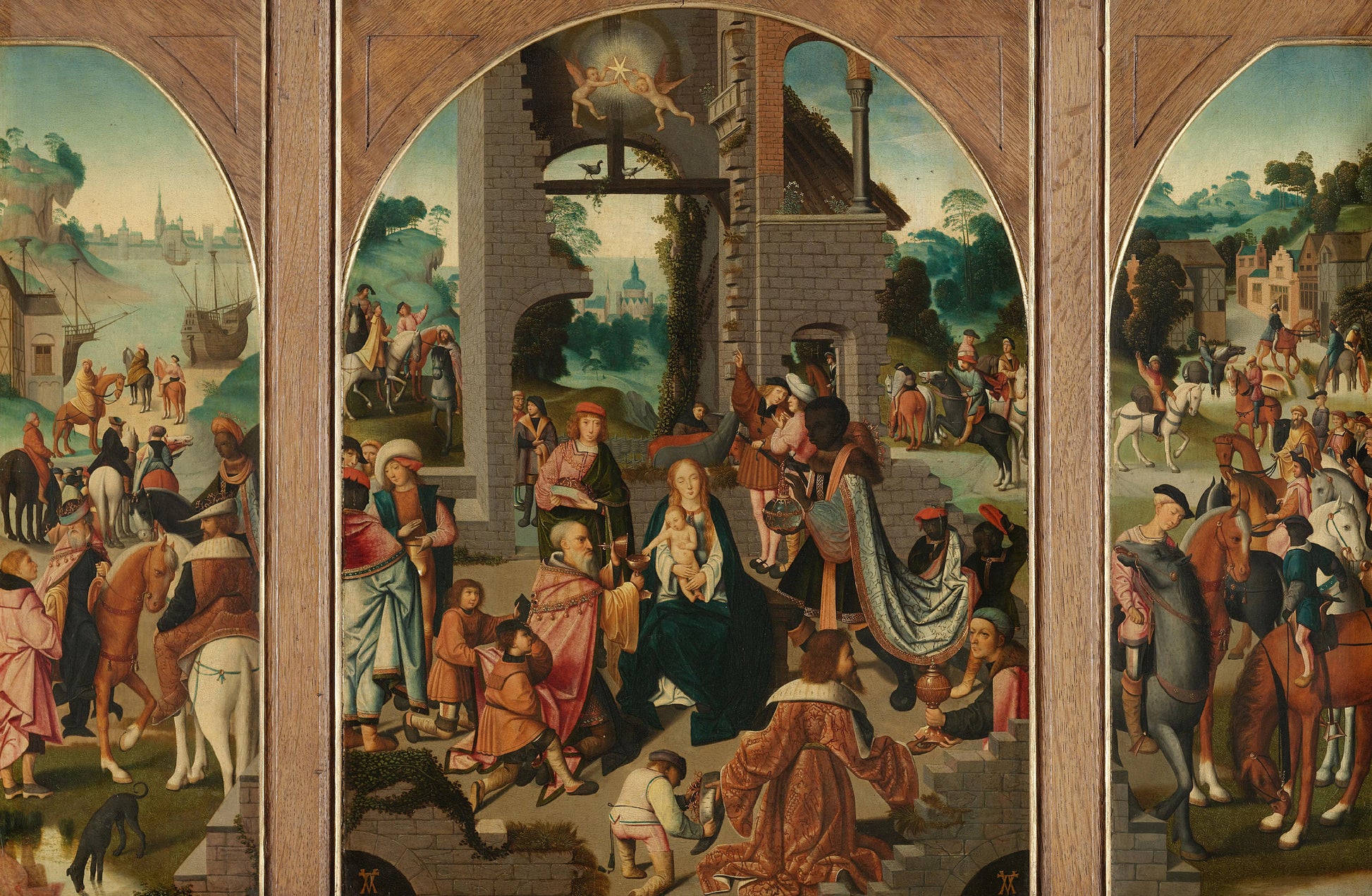 Triptych with Adoration of the Magi (center and inner wings), Saint Antony Abbot (left, outer wing) and Saint Adrian (right, outer wing) – toegeschreven aan Meester van Alkmaar Vintage Art Print | Wall Art Poster