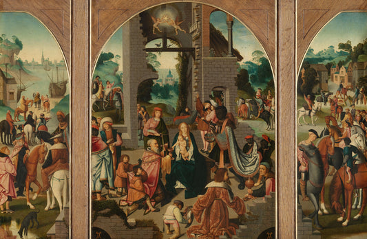 Triptych with Adoration of the Magi (center and inner wings), Saint Antony Abbot (left, outer wing) and Saint Adrian (right, outer wing) – toegeschreven aan Meester van Alkmaar Vintage Art Print | Wall Art Poster