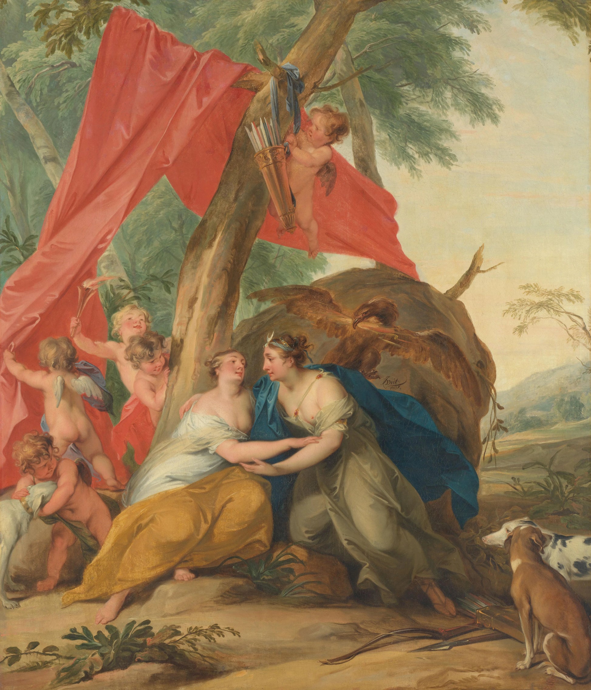 Jupiter, Disguised as Diana, Seducing the Nymph Callisto – Jacob de Wit (signed by artist) Vintage River Scene Art Print | Wall Art Poster