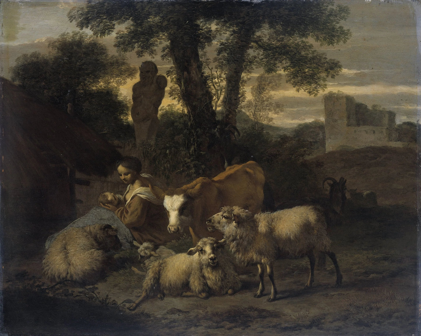 Italian Landscape with Shepherdess and Flocks – Simon van der Does Vintage Landscape Art Print | Wall Art Poster