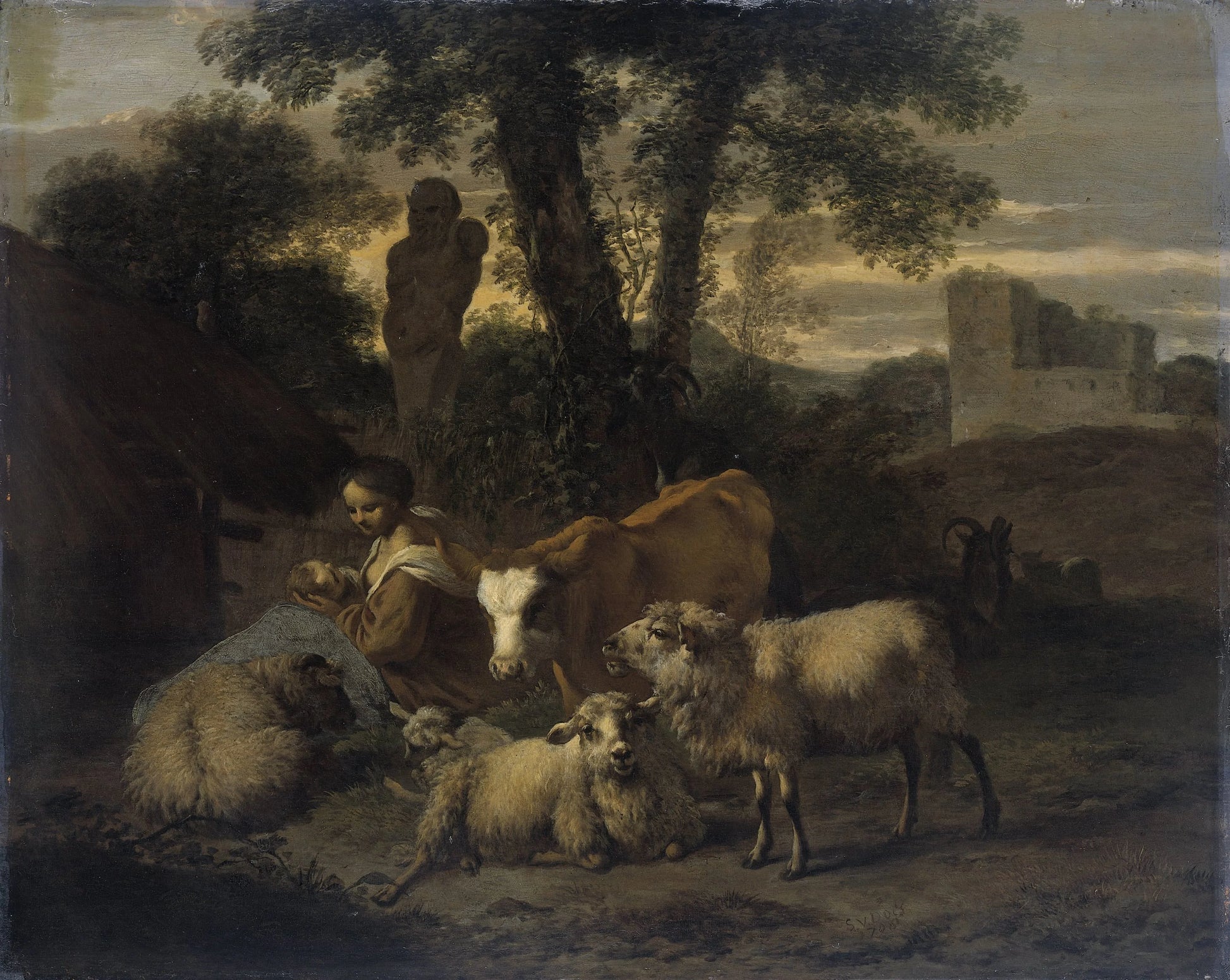 Italian Landscape with Shepherdess and Flocks – Simon van der Does Vintage Landscape Art Print | Wall Art Poster