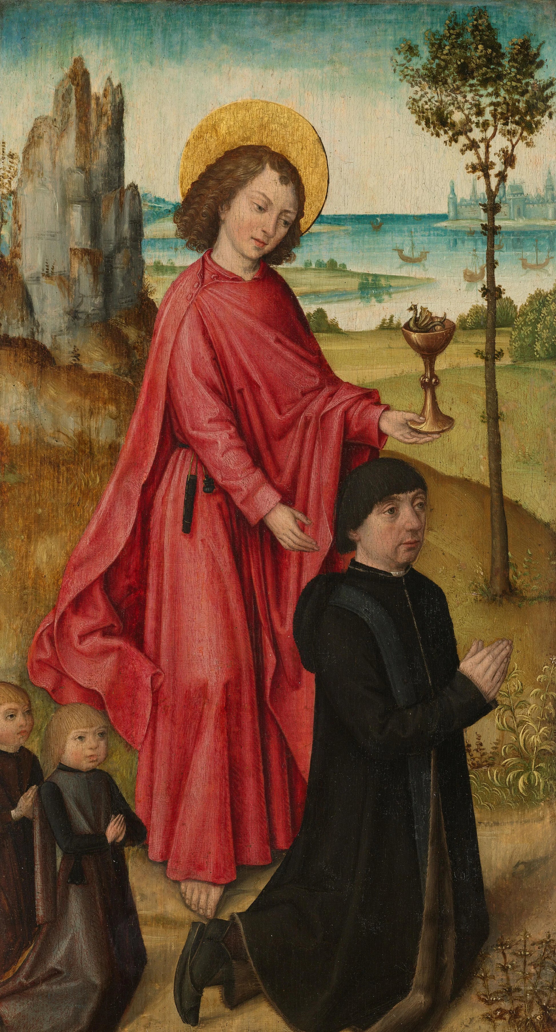A Donor and his two Sons with Saint John the Evangelist, inner left wing of a triptych – workshop of The (Bruges) Master of the Legend of Saint Ursula Vintage Portrait Art Print | Wall Art Poster