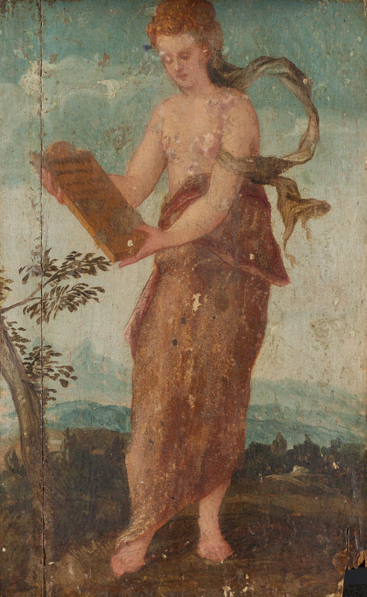 Woman with Text Panel – circle of Lambert Sustris Vintage Art Print | Wall Art Poster