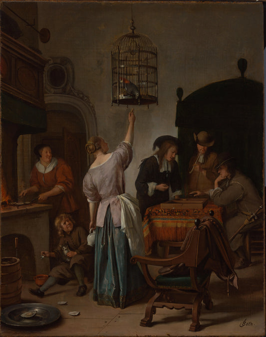 Interior with a woman feeding a parrot – Jan Havicksz. Steen Vintage Animal Study Art Print | Wall Art Poster