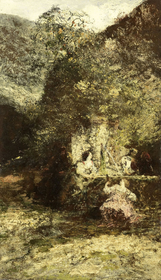 Figures near a Fountain – Adolphe Joseph Thomas Monticelli Vintage River Scene Art Print | Wall Art Poster