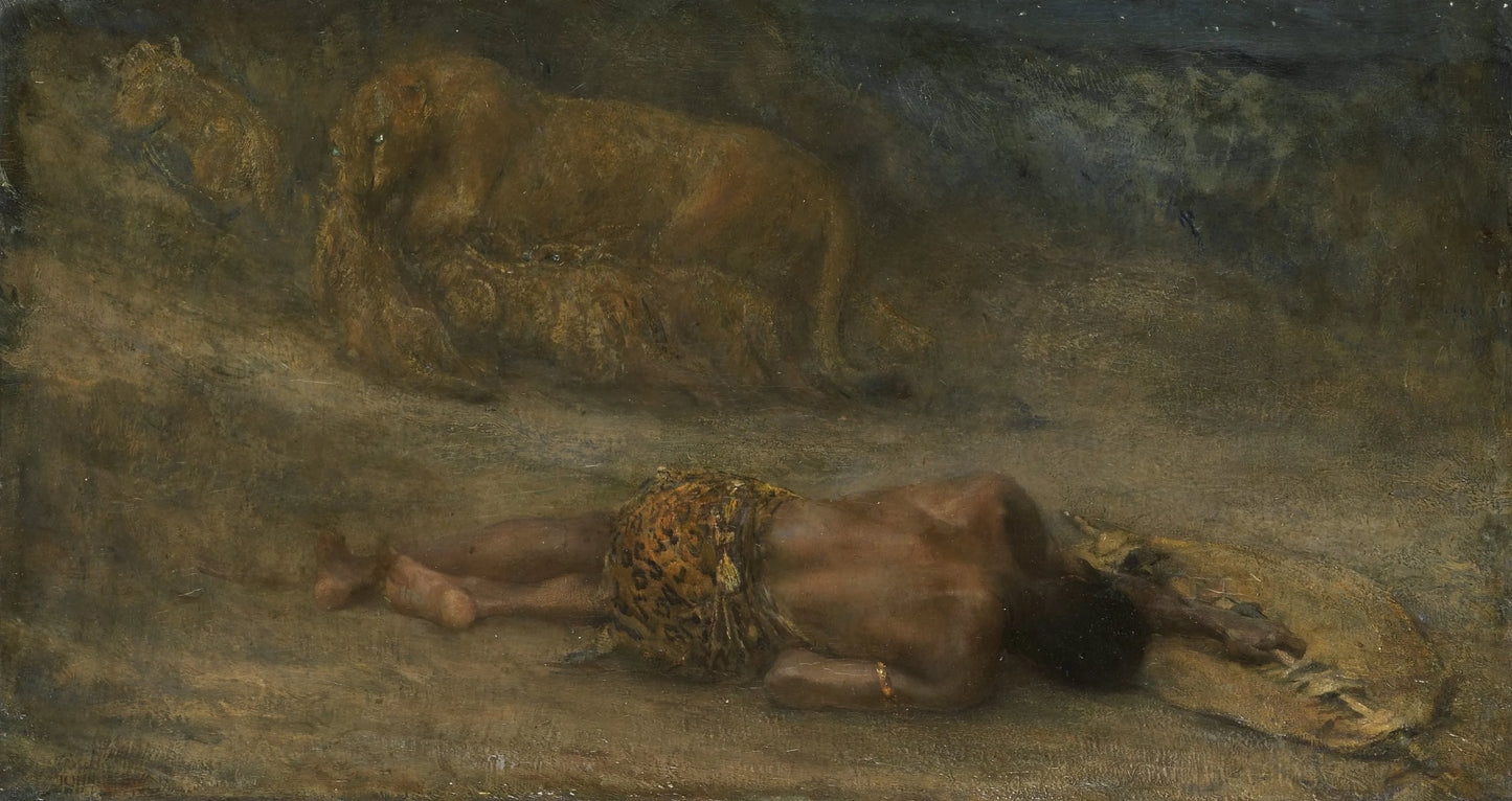 Een leeuwin met haar welpen bij een dode zwarte man, genaamd 'Nemesis' – John Macallan Swan (mentioned on object) Vintage Animal Study Art Print | Wall Art Poster