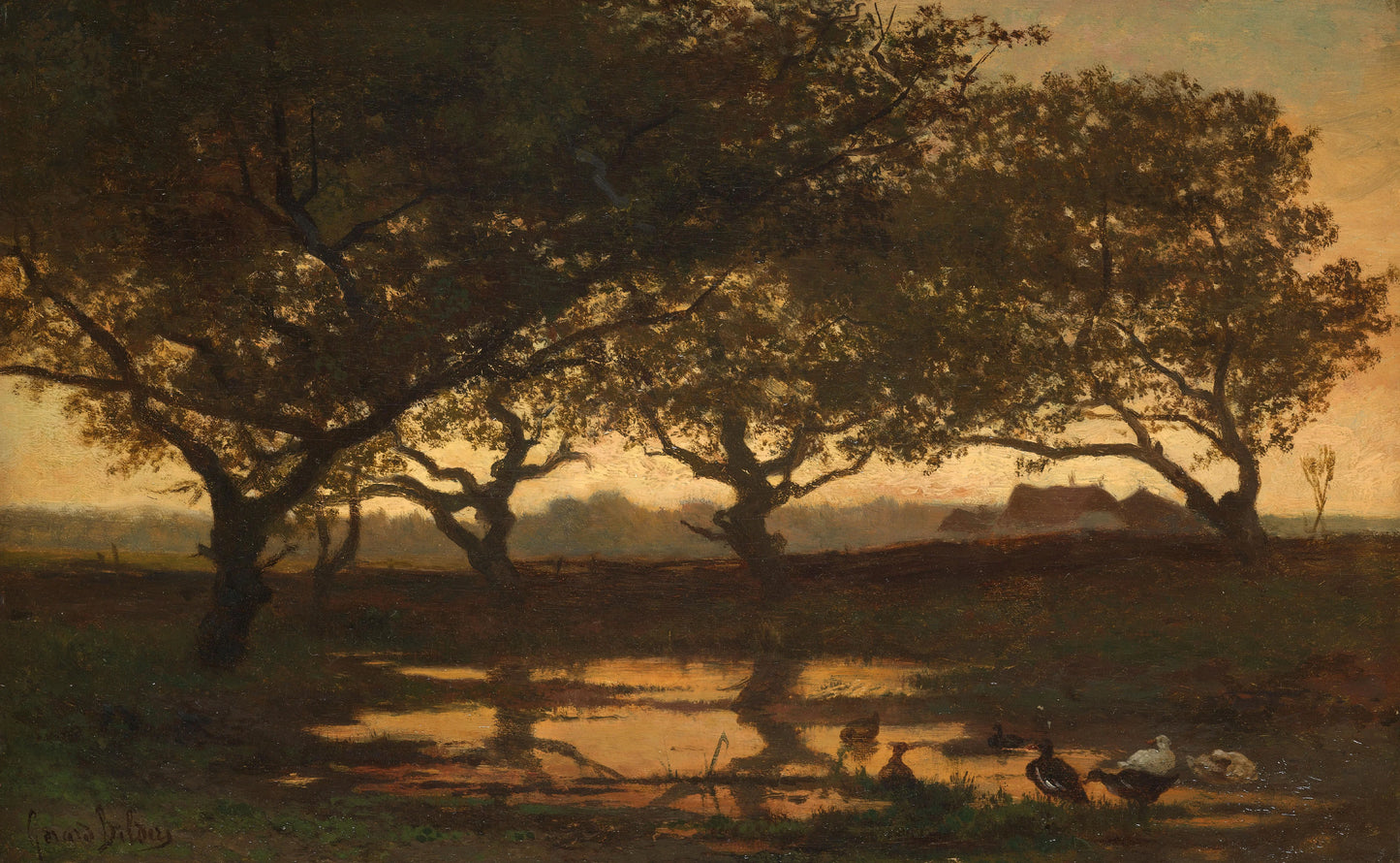 Woodland Pond at Sunset – Gerard Bilders (mentioned on object) Vintage Art Print | Wall Art Poster