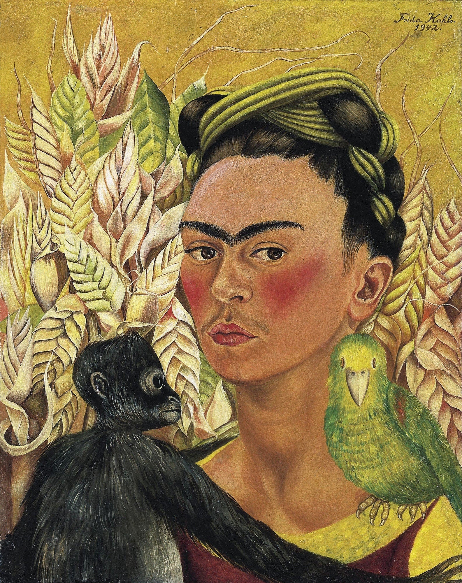 Self Portrait with Monkey and Parrot by Frida Kahlo, vintage art, modern poster print