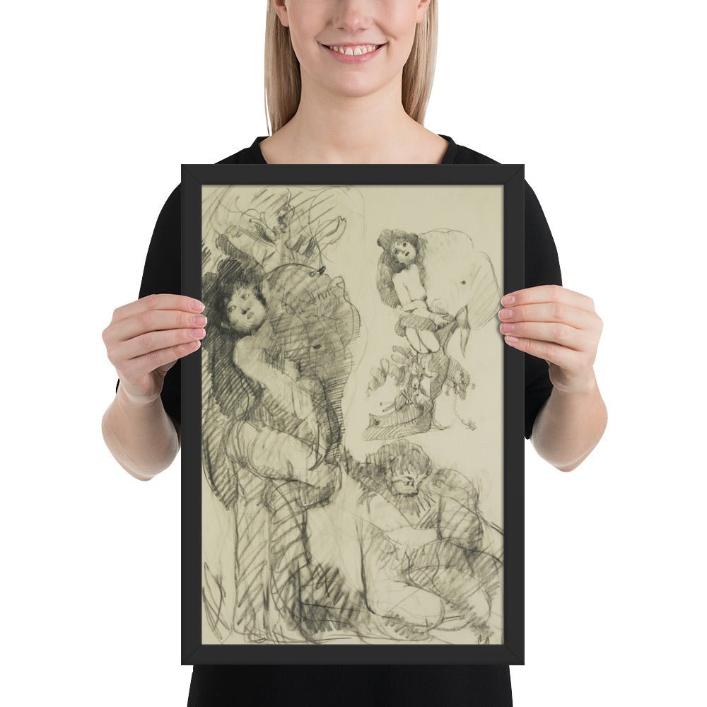 Stripper with Battleship Preliminary study for Image of the Buddha Preaching by Claes Oldenburg -Frank O'Hara, Framed poster