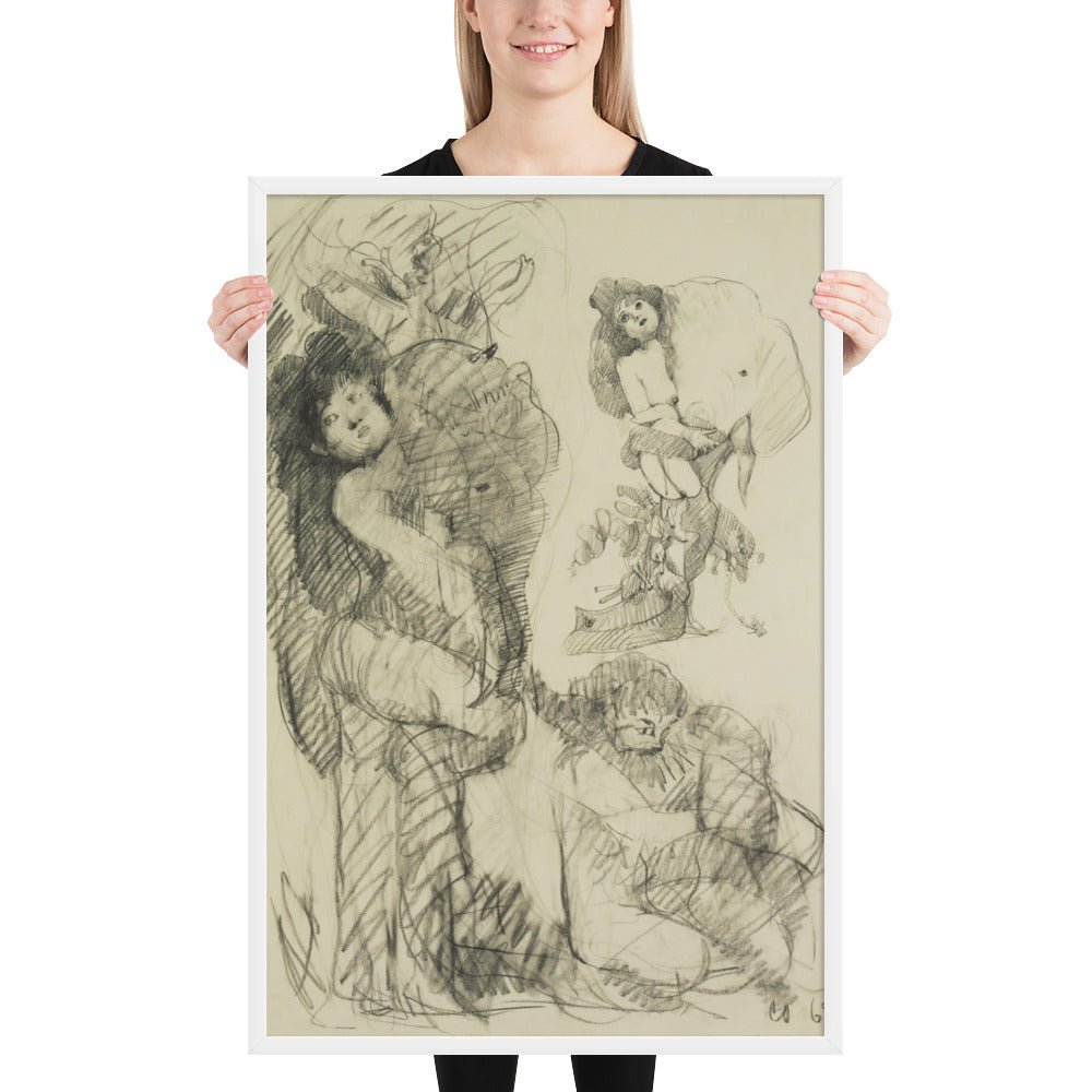 Stripper with Battleship Preliminary study for Image of the Buddha Preaching by Claes Oldenburg -Frank O'Hara, Framed poster