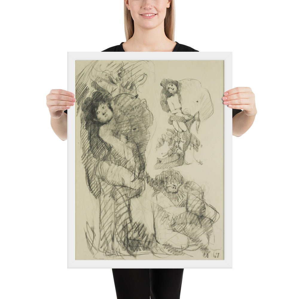 Stripper with Battleship Preliminary study for Image of the Buddha Preaching by Claes Oldenburg -Frank O'Hara, Framed poster