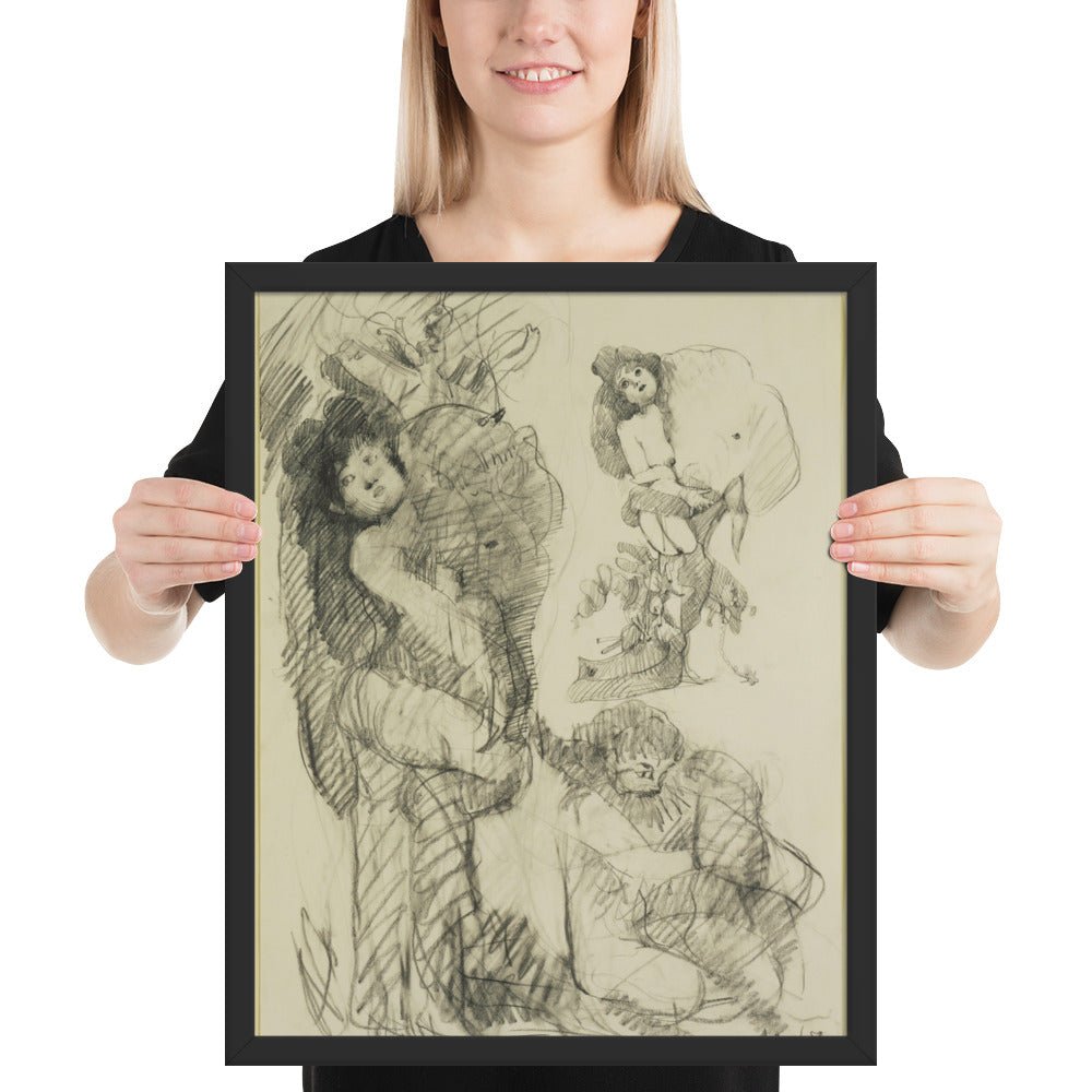 Stripper with Battleship Preliminary study for Image of the Buddha Preaching by Claes Oldenburg -Frank O'Hara, Framed poster