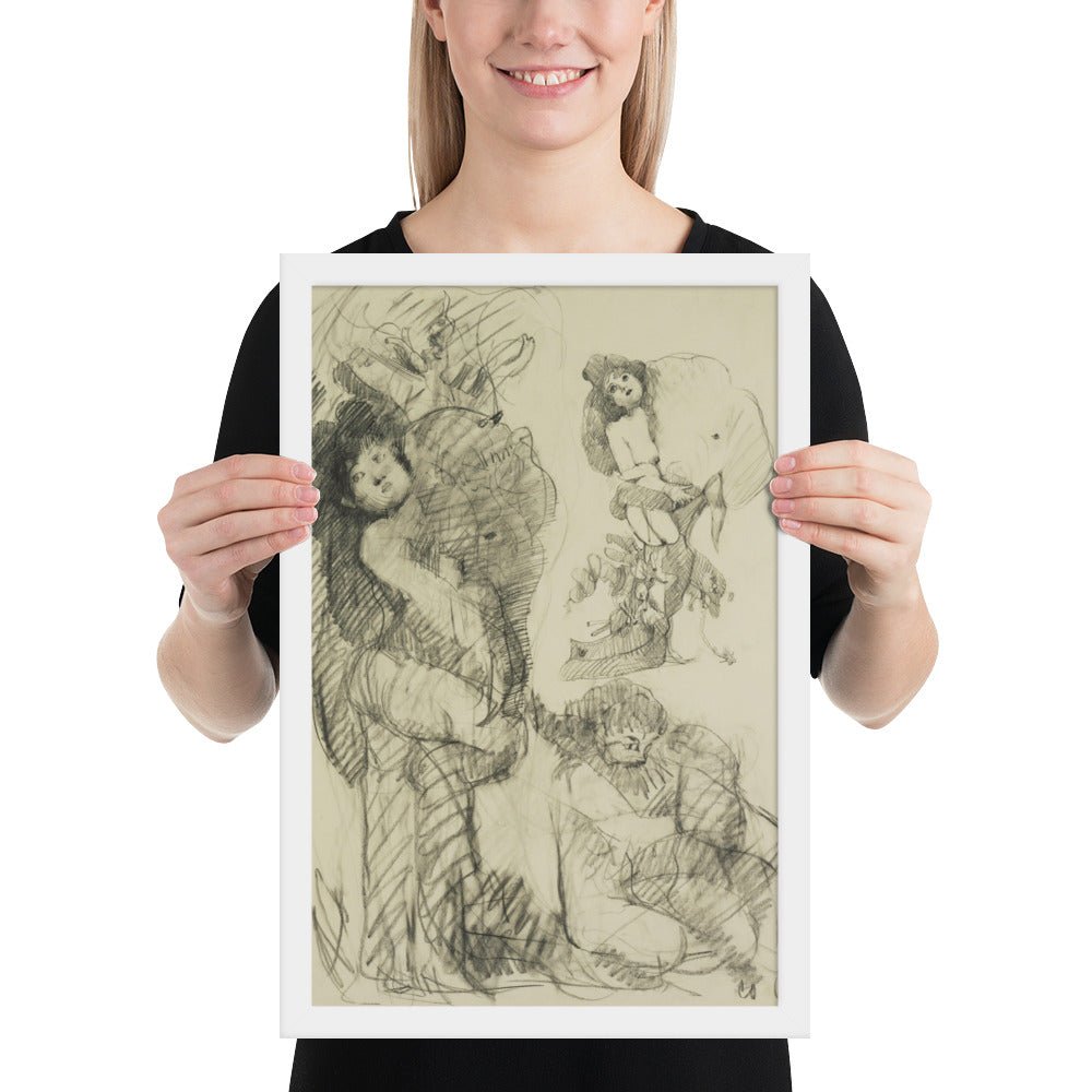 Stripper with Battleship Preliminary study for Image of the Buddha Preaching by Claes Oldenburg -Frank O'Hara, Framed poster