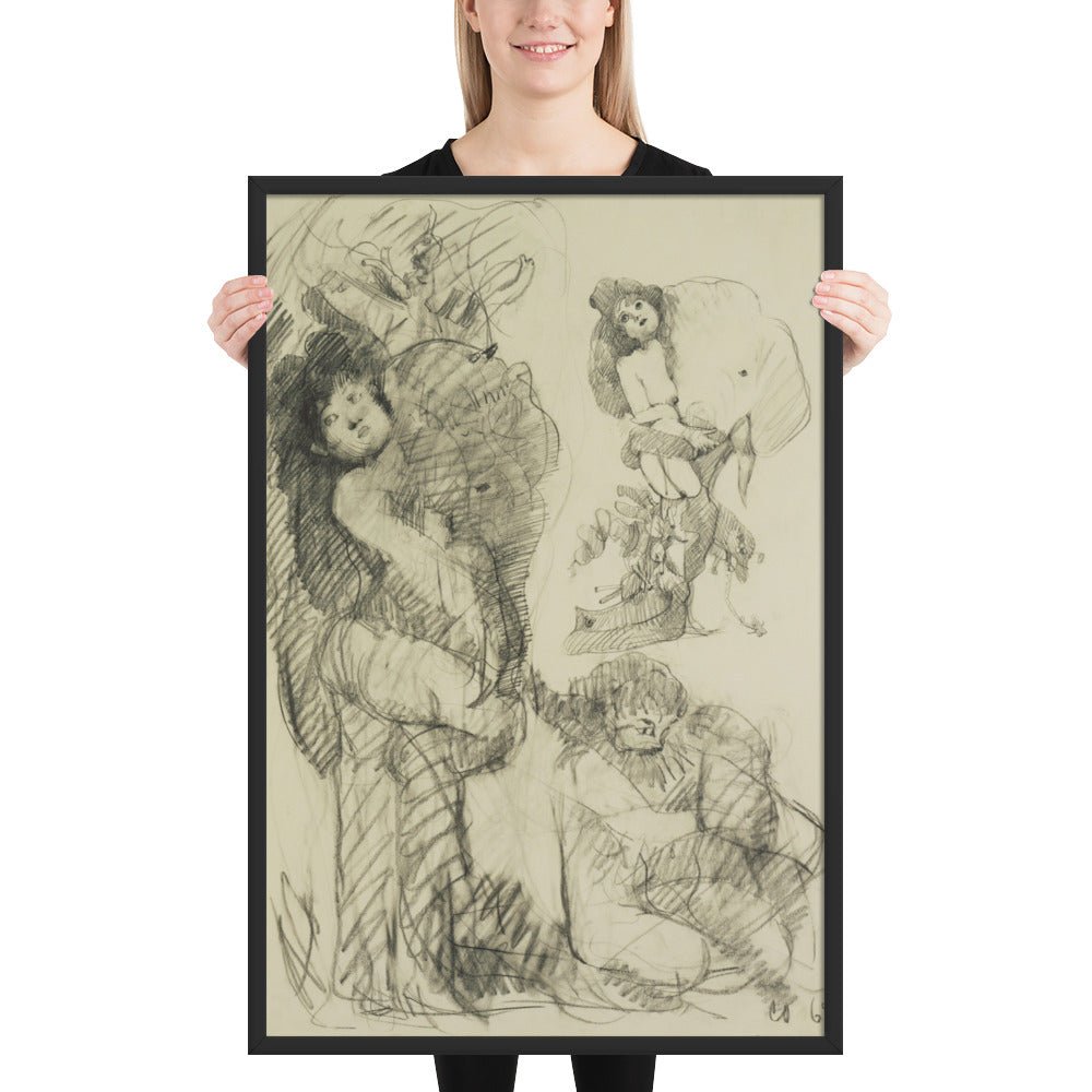 Stripper with Battleship Preliminary study for Image of the Buddha Preaching by Claes Oldenburg -Frank O'Hara, Framed poster
