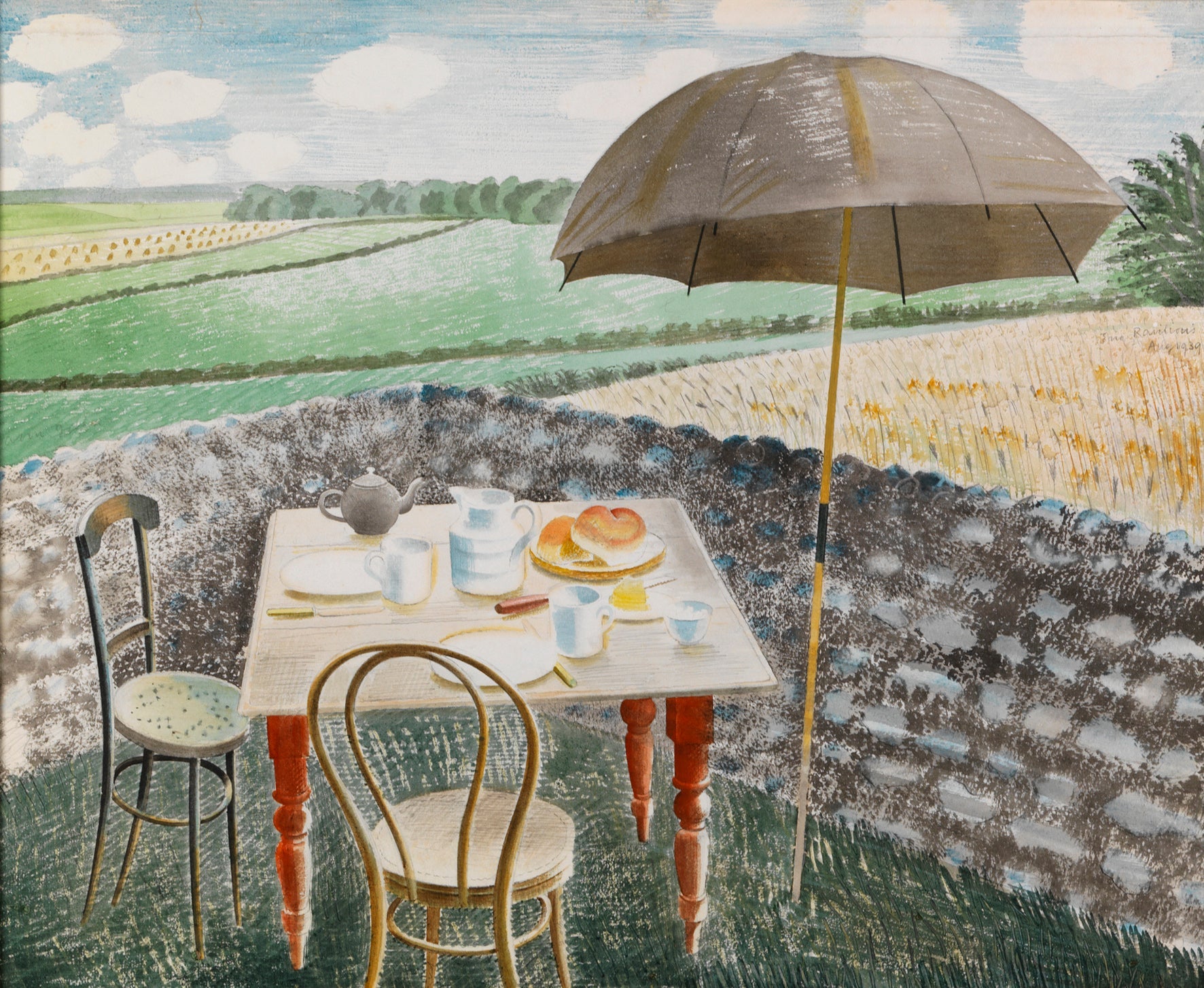 Tea at Furlongs 1939 South Downs by Eric Ravilious, 17x13" Frame