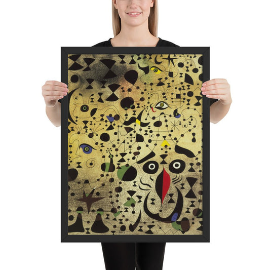 The Beautiful Bird Revealing the Unknown to a Pair of Lovers by Joan Miró, Framed poster