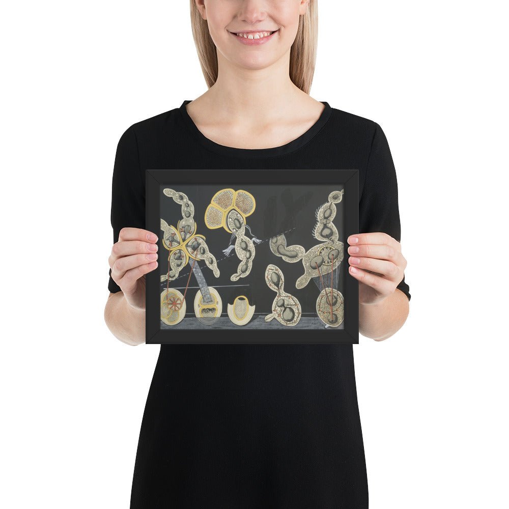 The Gramineous Bicycle Garnished with Bells the Dappled Fire Damps and the Echinoderms Bending the Spine to Look for Caresses by Max Ernst, Framed poster