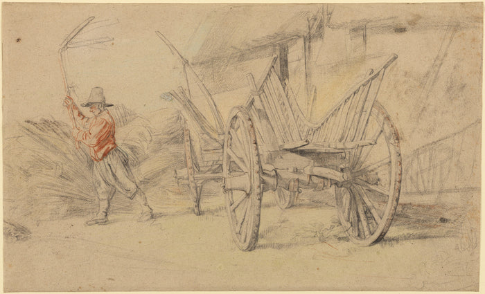 Peter Paul Rubens:A Man Threshing Beside a Wagon, Farm Build,16x12