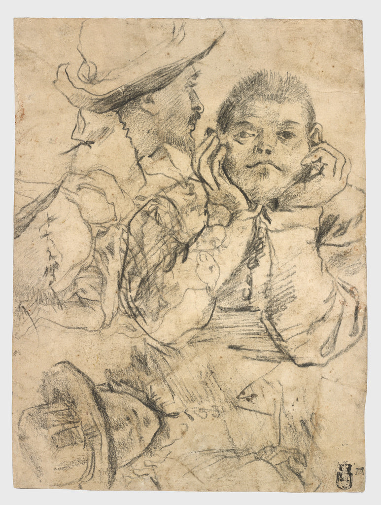 Annibale Carracci:Four Studies of Heads Drawn over a Copy of, Poster Print Wall Art