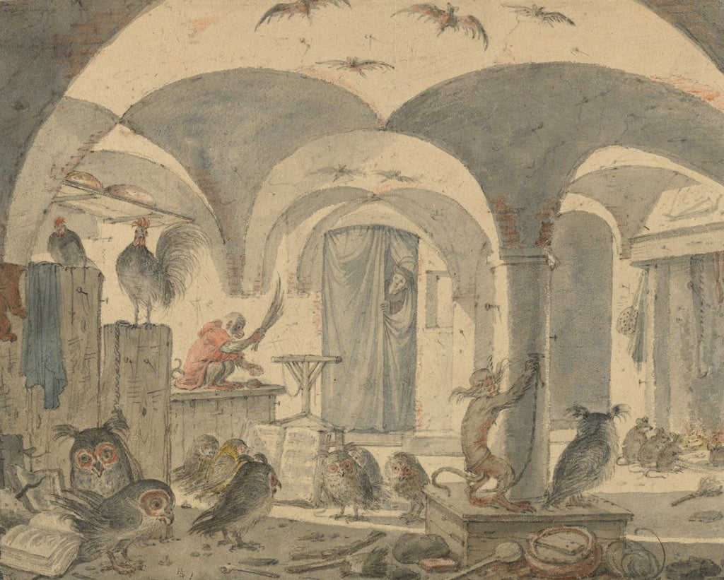 Cornelis Saftleven:An Enchanted Cellar with Animals, Poster Print Wall Art