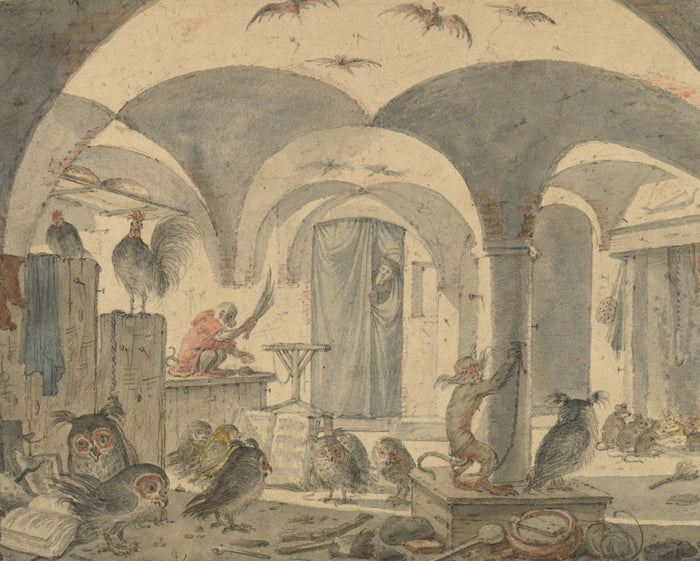 Cornelis Saftleven:An Enchanted Cellar with Animals,16x12