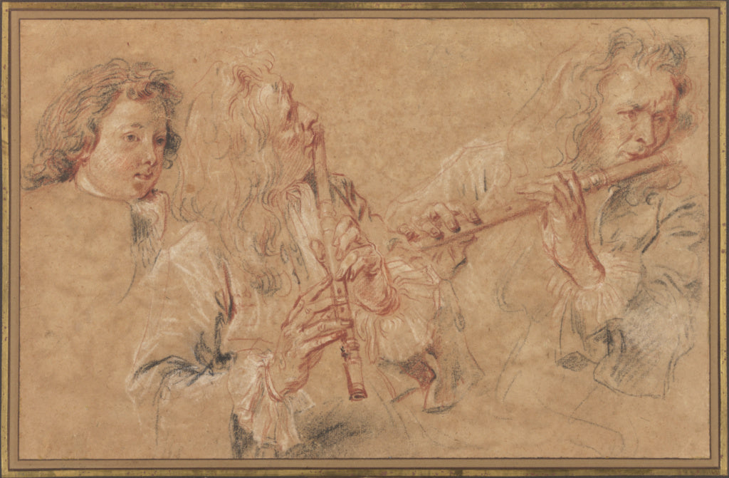 Jean-Antoine Watteau:Two Studies of a Flutist and a Study of,16x12"(A3)Poster