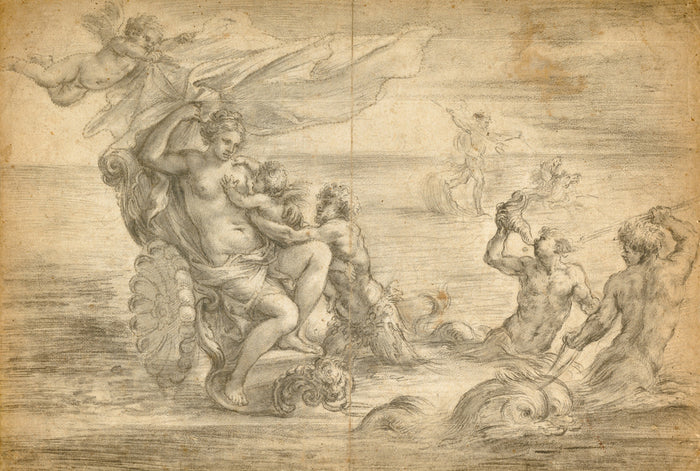 Alessandro Algardi:Venus Seated in Her Sea Chariot Suckling ,16x12