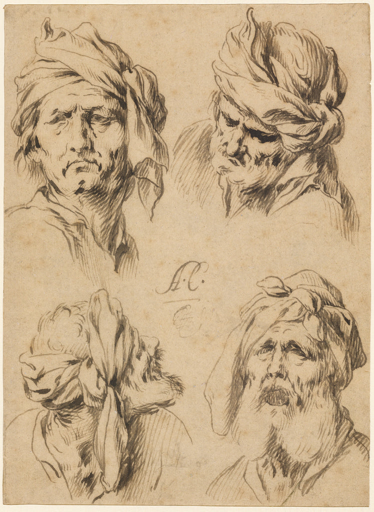 Antonio Castillo y Saavedra:Studies of Four Male Heads, Poster Print Wall Art