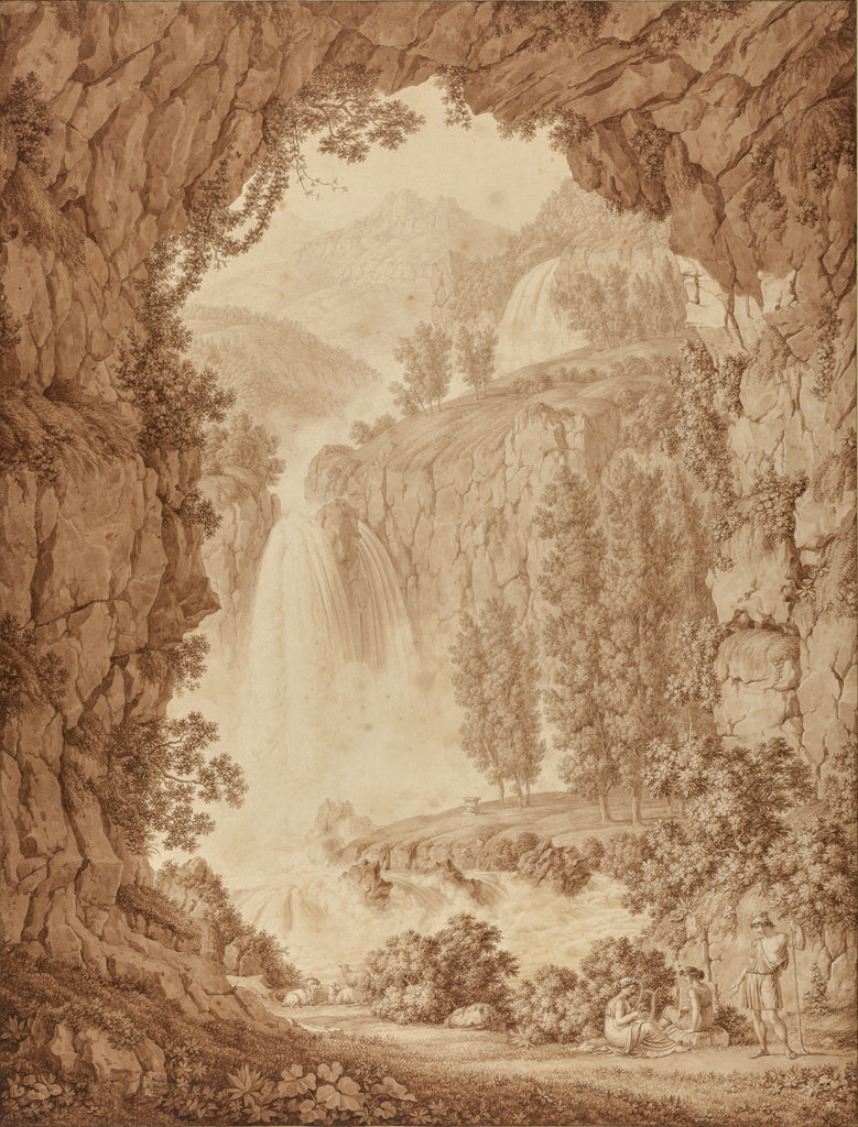 Christoph Henrich Kniep:A Shepherd and Muses by a Waterfall, Poster Print Wall Art