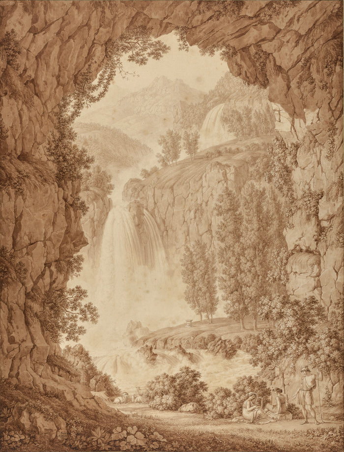 Christoph Henrich Kniep:A Shepherd and Muses by a Waterfall,16x12