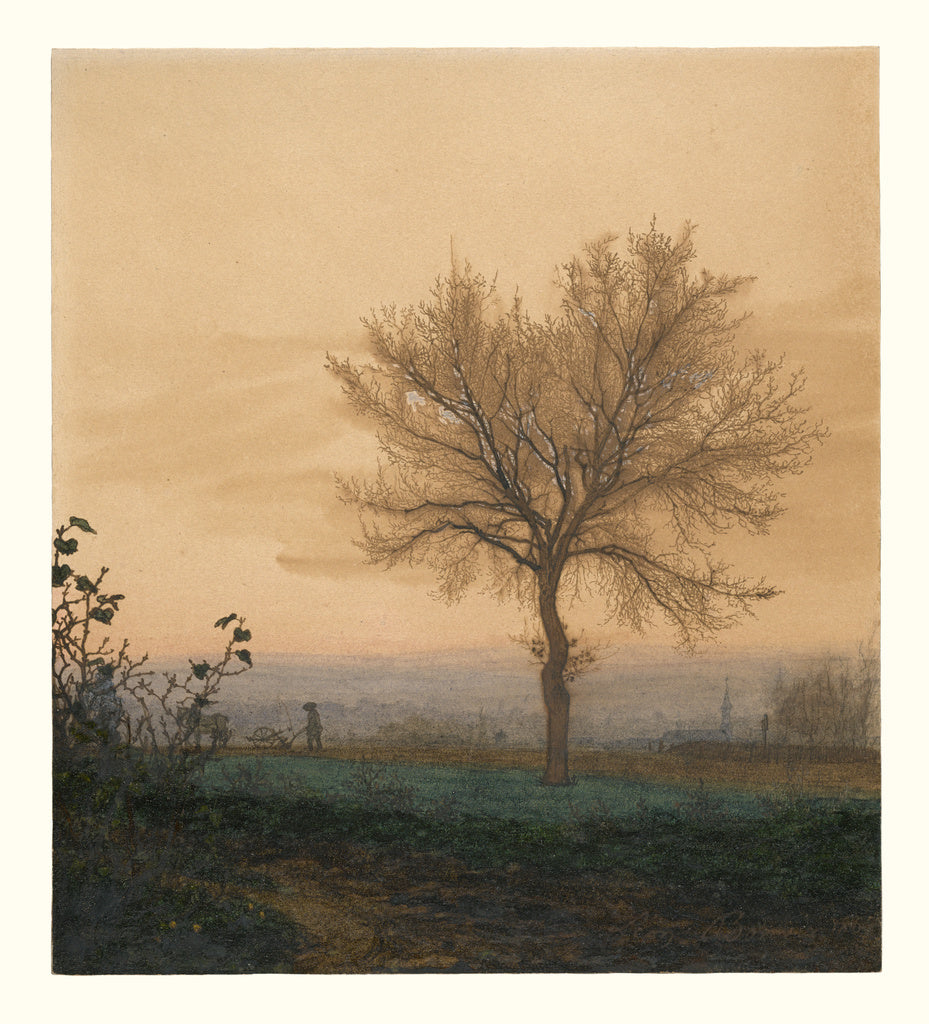 Léon Bonvin:Landscape with a Bare Tree and a Plowman, Poster Print Wall Art